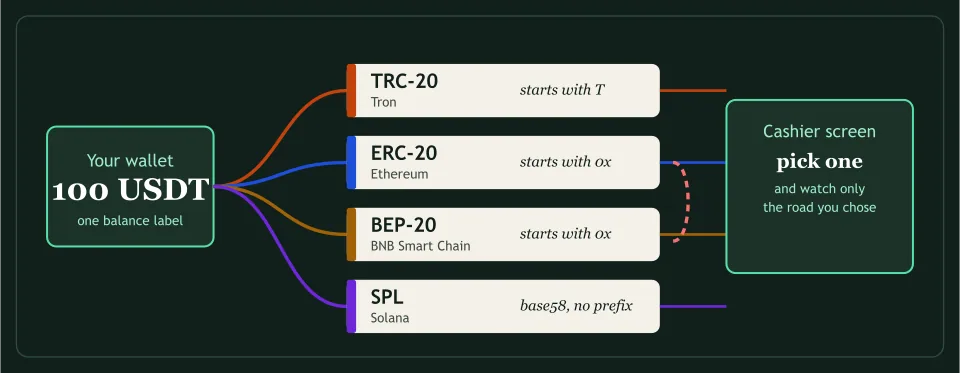 A wallet holding 100 USDT with four routes leading to one cashier screen: TRC-20 on Tron, ERC-20 on Ethereum, BEP-20 on BNB Smart Chain and SPL on Solana, the two 0x routes joined by a dashed bracket